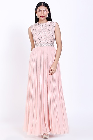 Baby Pink Embroidered Gown by Vedangi Agarwal