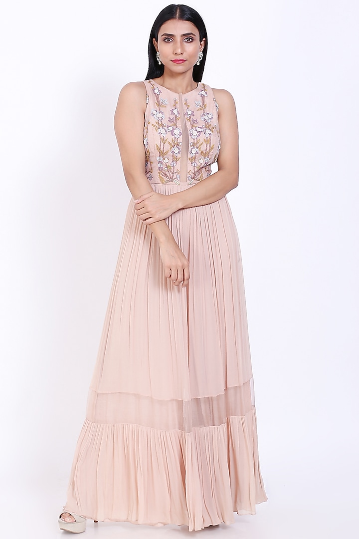 Peach Embroidered Jumpsuit by Vedangi Agarwal