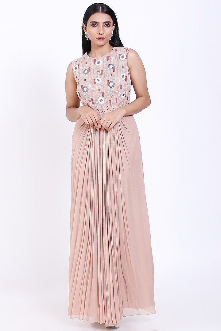Peach Georgette Embroidered Gown by Vedangi Agarwal
