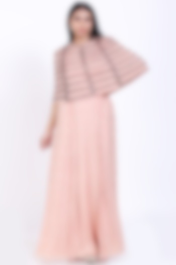 Peach Pink Foil Printed Gown With Cape by Vedangi Agarwal