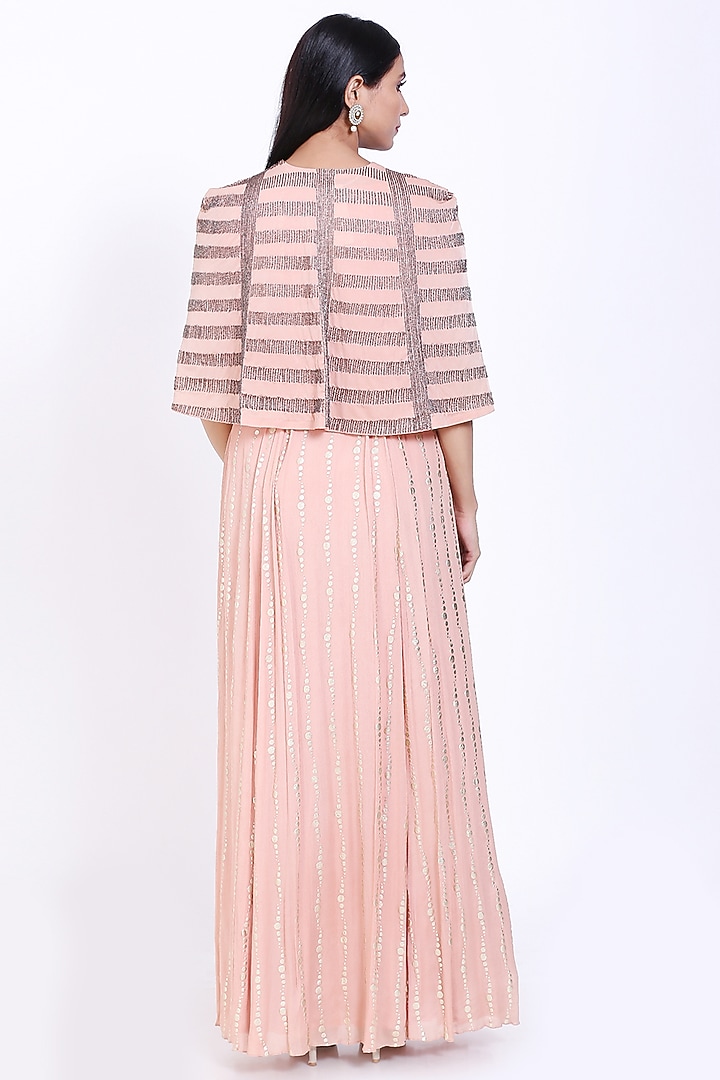 Peach Pink Foil Printed Gown With Cape by Vedangi Agarwal at Pernia's Pop Up Shop