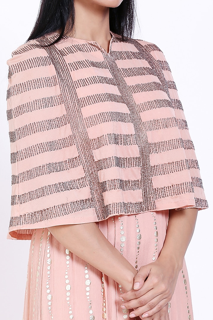 Peach Pink Foil Printed Gown With Cape by Vedangi Agarwal at Pernia's Pop Up Shop