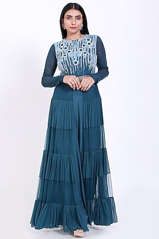 Dark Blue Embroidered Jacket Set by Vedangi Agarwal