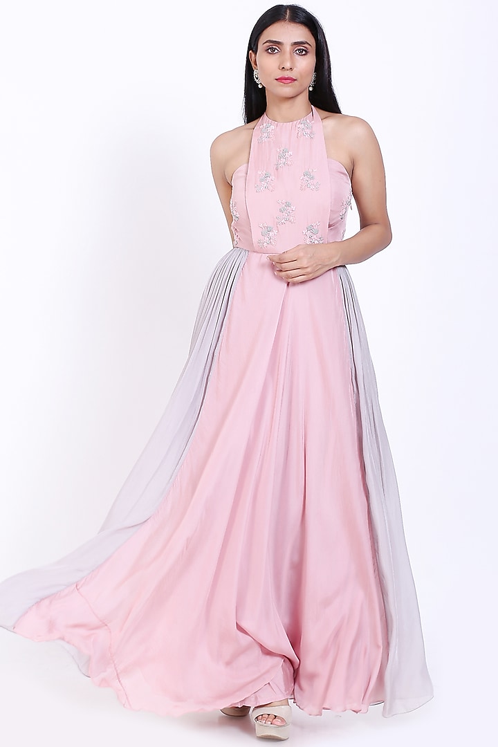 Blush Pink Shaded Embroidered Gown by Vedangi Agarwal