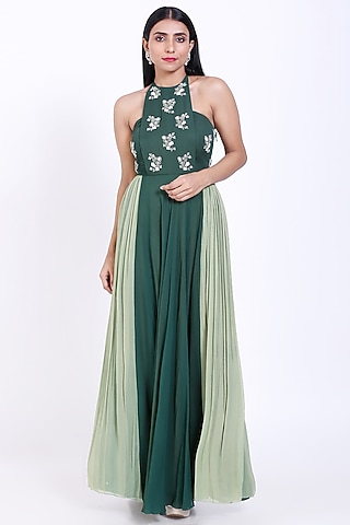 Bottle Green Shaded Embroidered Gown by Vedangi Agarwal