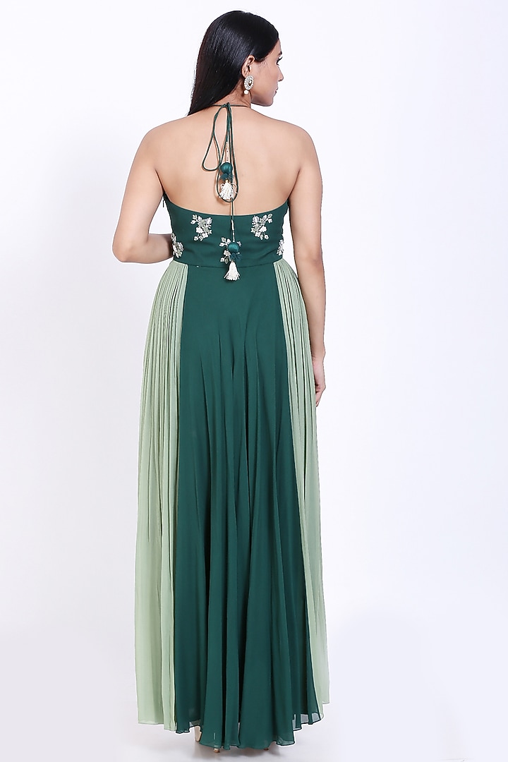 Bottle Green Shaded Embroidered Party Wear Gown by Vedangi Agarwal at Pernia's Pop Up Shop