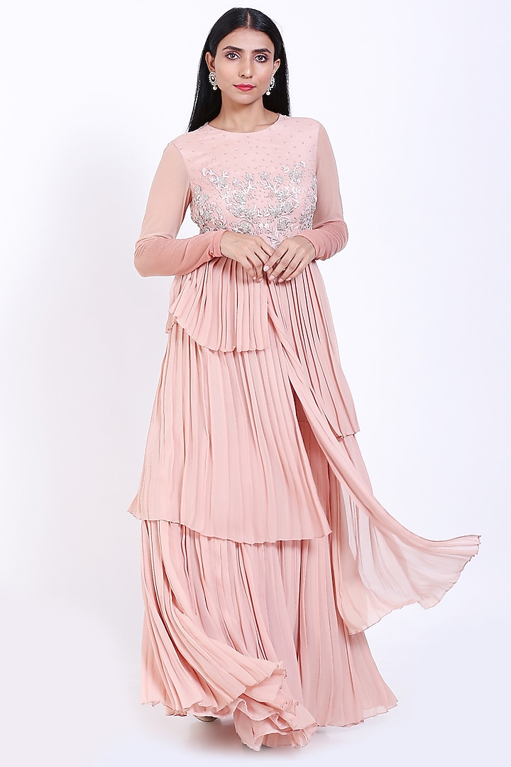 Blush Pink Embroidered Pleated Gown by Vedangi Agarwal