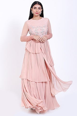 Blush Pink Embroidered Pleated Gown by Vedangi Agarwal