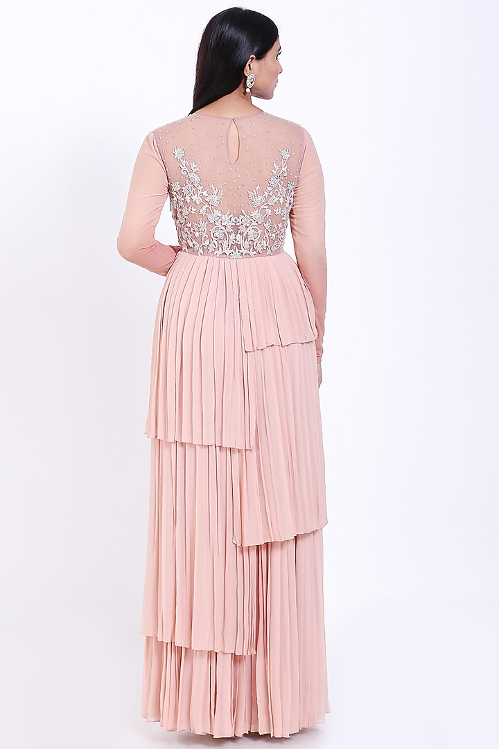 Blush Pink Embroidered Pleated Engagement Gown by Vedangi Agarwal at Pernia's Pop Up Shop