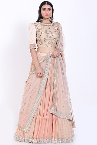 Peach Embroidered Lehenga Set by Vedangi Agarwal