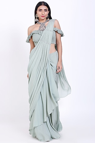 Pista Green Embroidered Draped Saree Set by Vedangi Agarwal