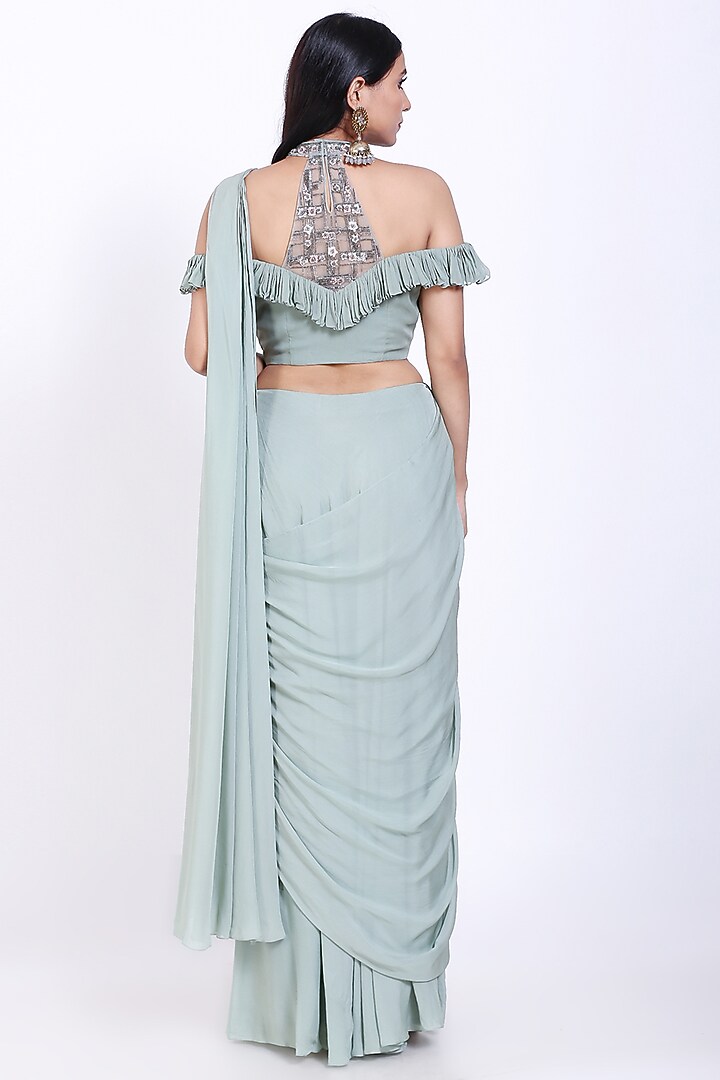 Pista Green Embroidered Draped Wedding Saree Set by Vedangi Agarwal at Pernia's Pop Up Shop