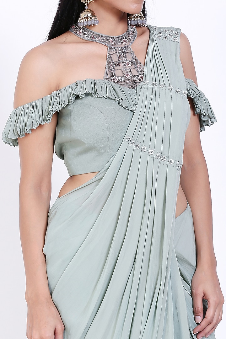 Pista Green Embroidered Draped Wedding Saree Set by Vedangi Agarwal at Pernia's Pop Up Shop