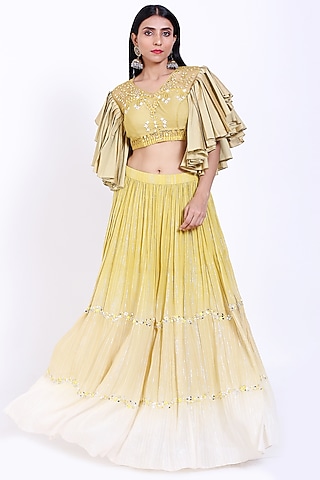Yellow Embroidered Shaded Lehenga Set by Vedangi Agarwal
