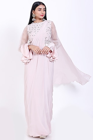 Lemonade Pink Chiffon Draped Saree Set by Vedangi Agarwal