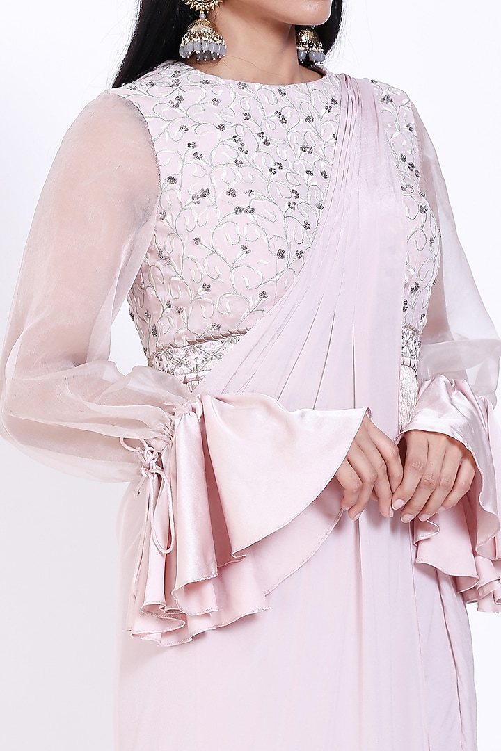 Lemonade Pink Chiffon Draped Party Wear Saree Set by Vedangi Agarwal at Pernia's Pop Up Shop