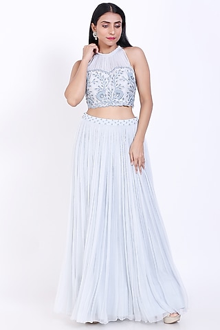 Powder Blue Embroidered Skirt Set by Vedangi Agarwal