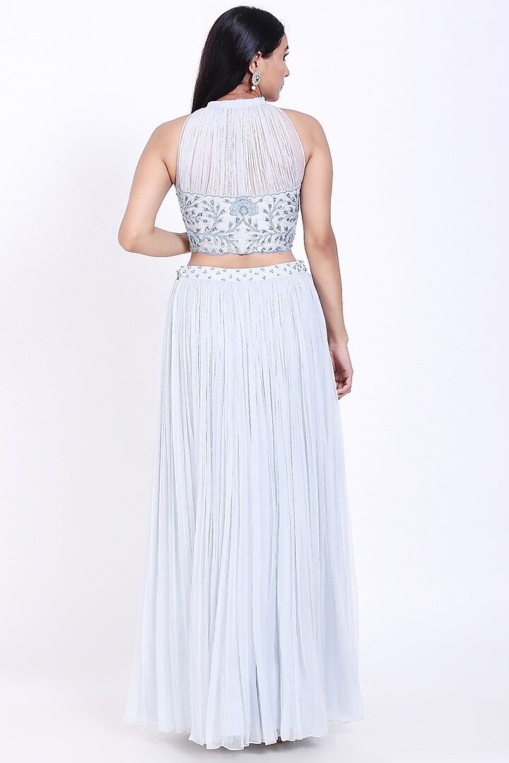 Powder Blue Embroidered Skirt Set by Vedangi Agarwal at Pernia's Pop Up Shop