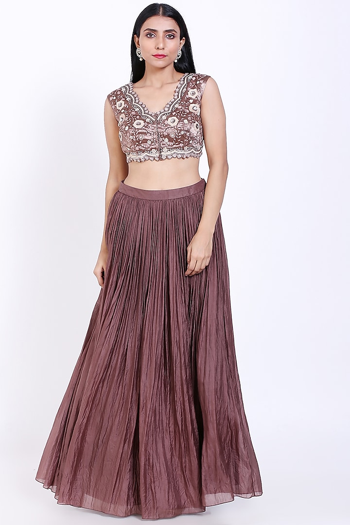 Copper Silk Gathered Skirt Set by Vedangi Agarwal