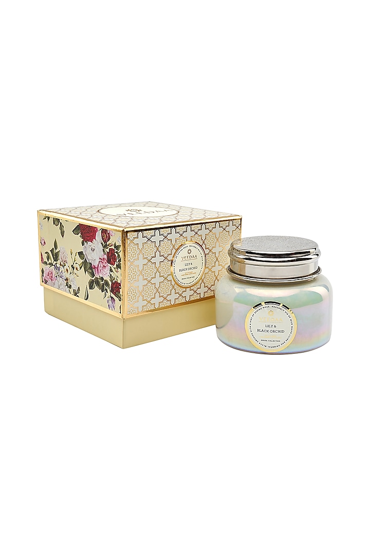 Multi Colored Lily & Black Orchid Macaron Glass Scented Candle by VEEDAA