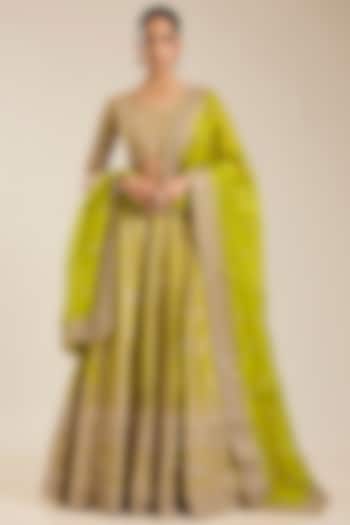 Lime Green Silk Zardosi Embroidered Handloom Brocade Bridal Lehenga Set by Vedant G at Pernia's Pop Up Shop