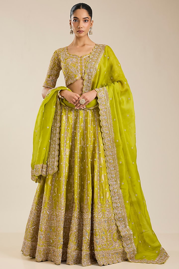 Lime Green Silk Zardosi Embroidered Handloom Brocade Bridal Lehenga Set by Vedant G at Pernia's Pop Up Shop