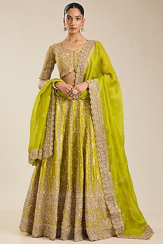 Lime Green Silk Zardosi Embroidered Handloom Brocade Lehenga Set by Vedant G