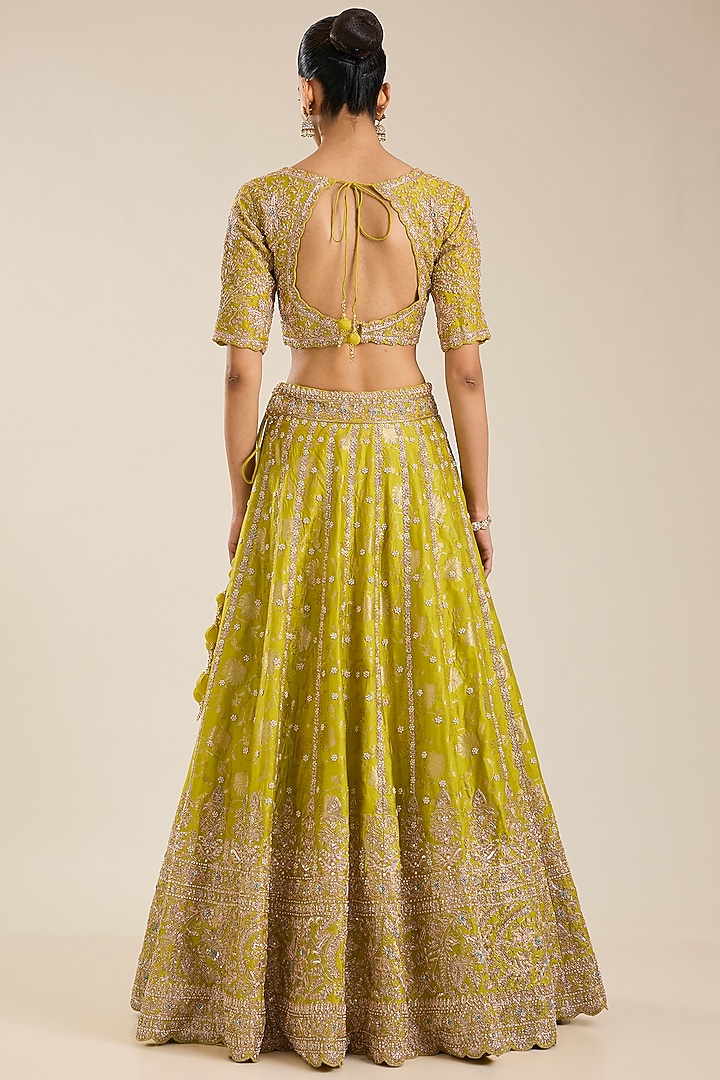 Lime Green Silk Zardosi Embroidered Handloom Brocade Bridal Lehenga Set by Vedant G at Pernia's Pop Up Shop