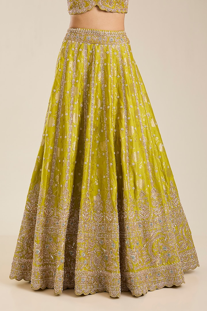 Lime Green Silk Zardosi Embroidered Handloom Brocade Bridal Lehenga Set by Vedant G at Pernia's Pop Up Shop
