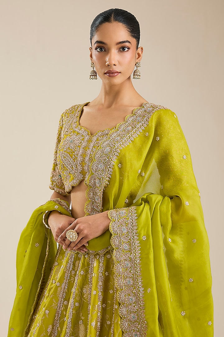 Lime Green Silk Zardosi Embroidered Handloom Brocade Bridal Lehenga Set by Vedant G at Pernia's Pop Up Shop