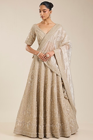 Champagne Tissue Sequins Embroidered Lehenga Set by Vedant G