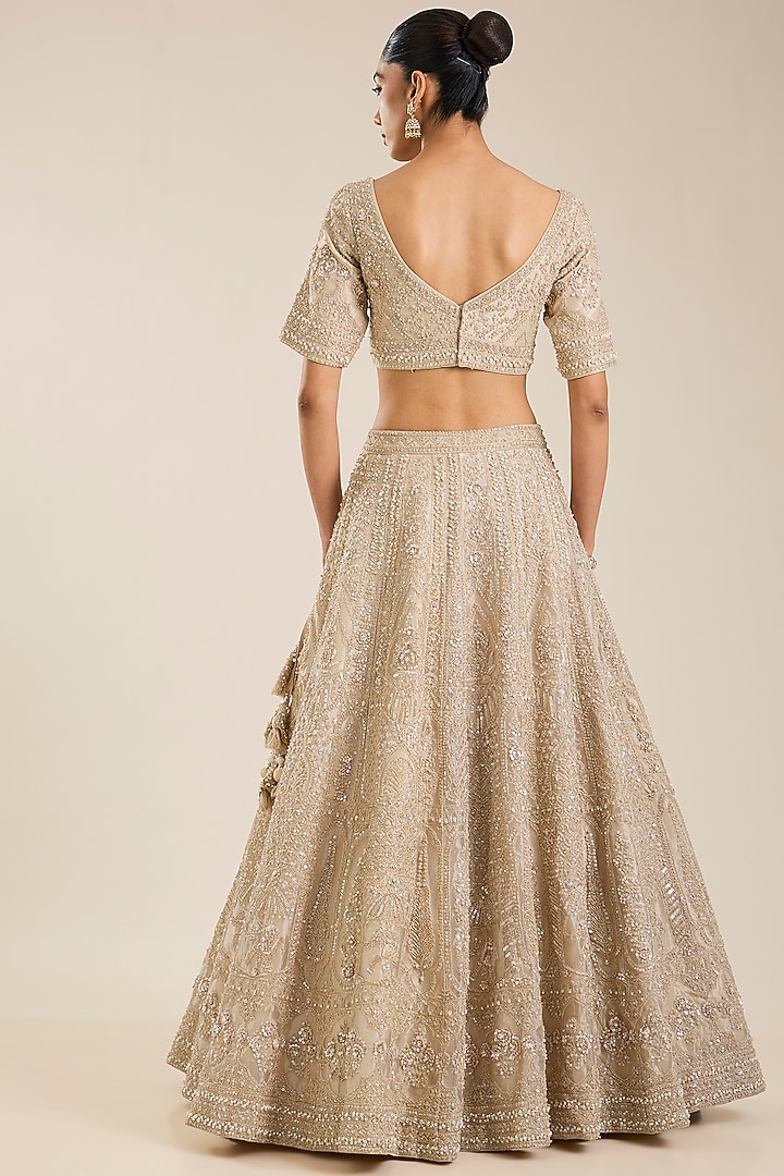 Champagne Tissue Sequins Embroidered Bridal Lehenga Set by Vedant G at Pernia's Pop Up Shop