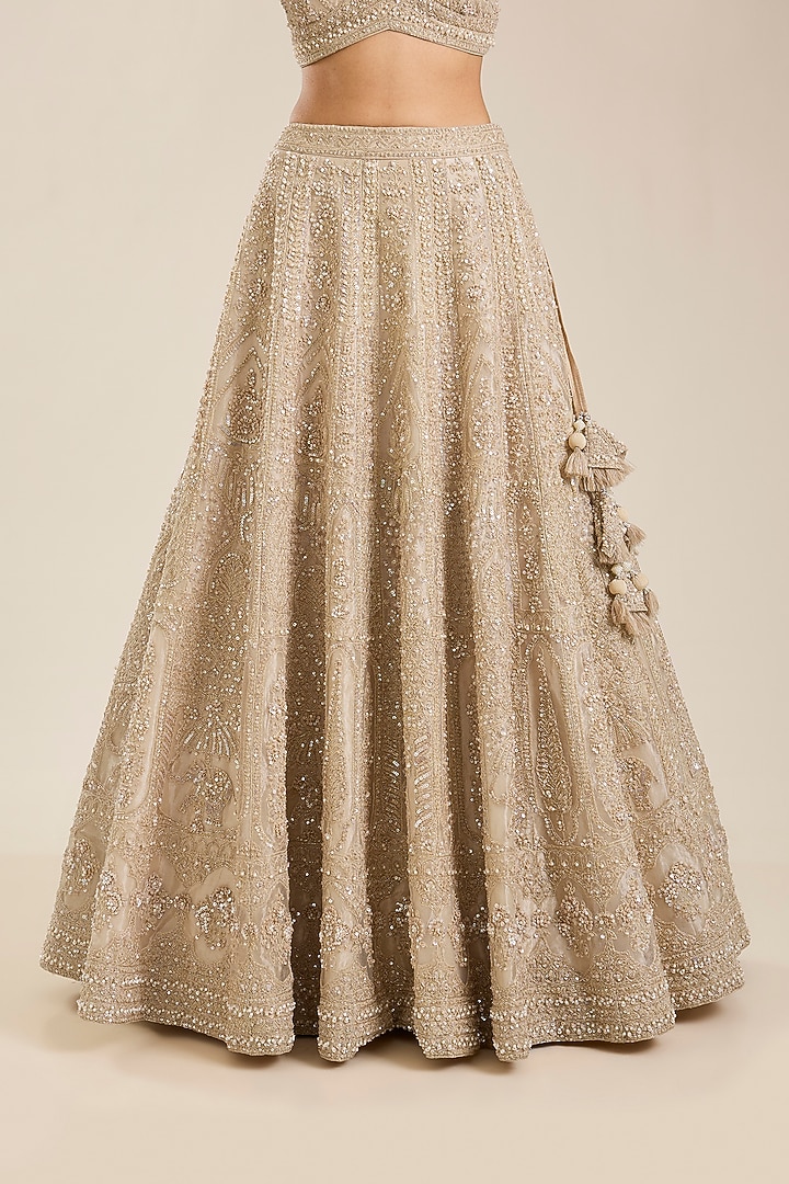 Champagne Tissue Sequins Embroidered Bridal Lehenga Set by Vedant G at Pernia's Pop Up Shop