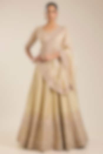 Beige Silk Zardosi Embroidered Handloom Brocade Bridal Lehenga Set by Vedant G at Pernia's Pop Up Shop