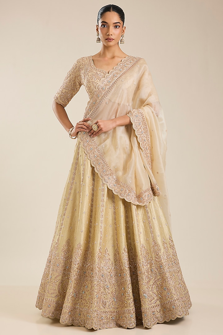 Beige Silk Zardosi Embroidered Handloom Brocade Bridal Lehenga Set by Vedant G at Pernia's Pop Up Shop