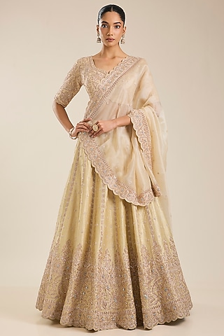Beige Silk Zardosi Embroidered Handloom Brocade Lehenga Set by Vedant G