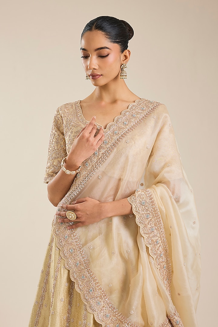 Beige Silk Zardosi Embroidered Handloom Brocade Bridal Lehenga Set by Vedant G at Pernia's Pop Up Shop