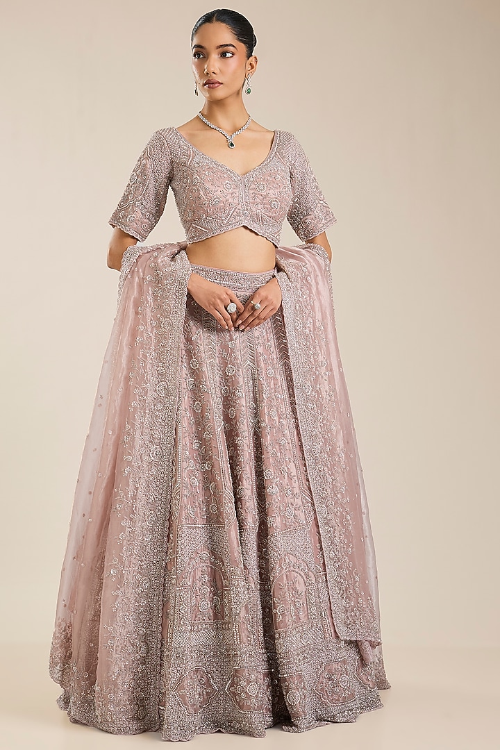 Pink Tissue Sequins Embroidered Bridal Lehenga Set by Vedant G at Pernia's Pop Up Shop