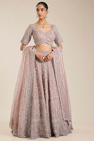 Pink Tissue Sequins Embroidered Lehenga Set by Vedant G
