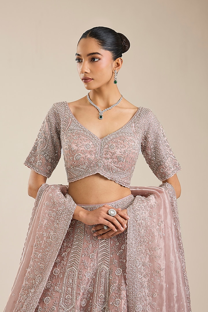 Pink Tissue Sequins Embroidered Bridal Lehenga Set by Vedant G at Pernia's Pop Up Shop