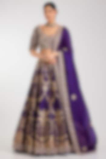 Purple Silk Zardosi Embroidered Handloom Brocade Bridal Lehenga Set by Vedant G at Pernia's Pop Up Shop