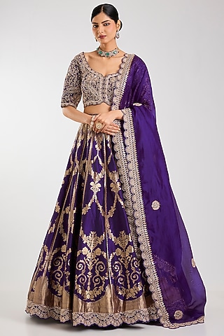 Purple Silk Zardosi Embroidered Handloom Brocade Lehenga Set by Vedant G