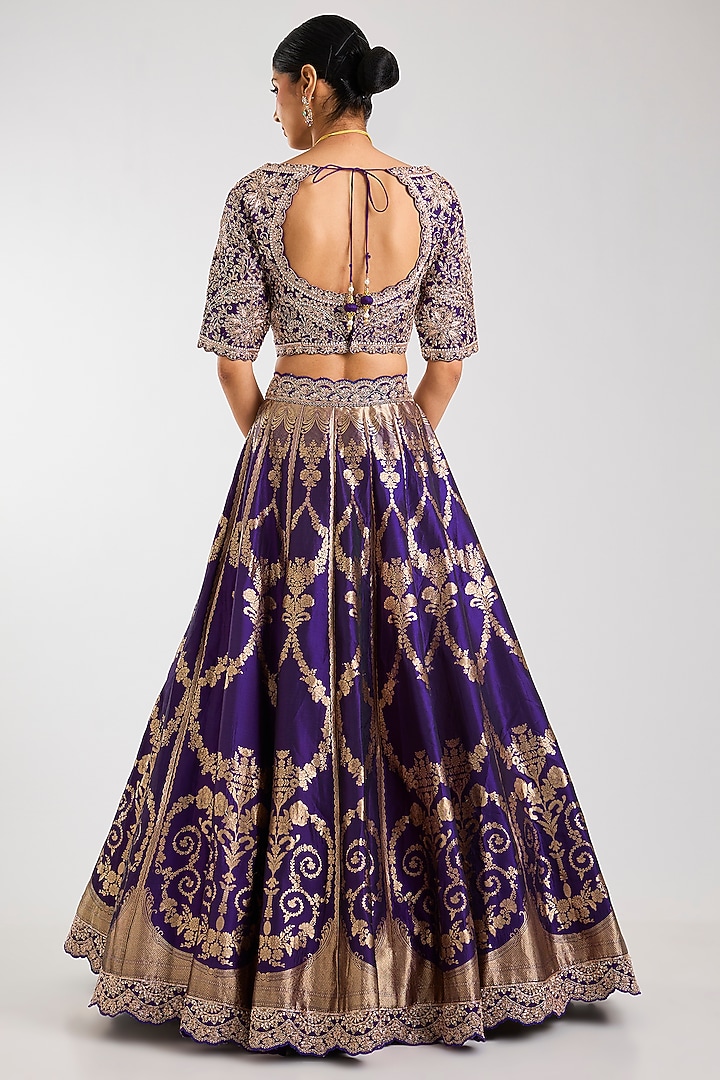 Purple Silk Zardosi Embroidered Handloom Brocade Bridal Lehenga Set by Vedant G at Pernia's Pop Up Shop