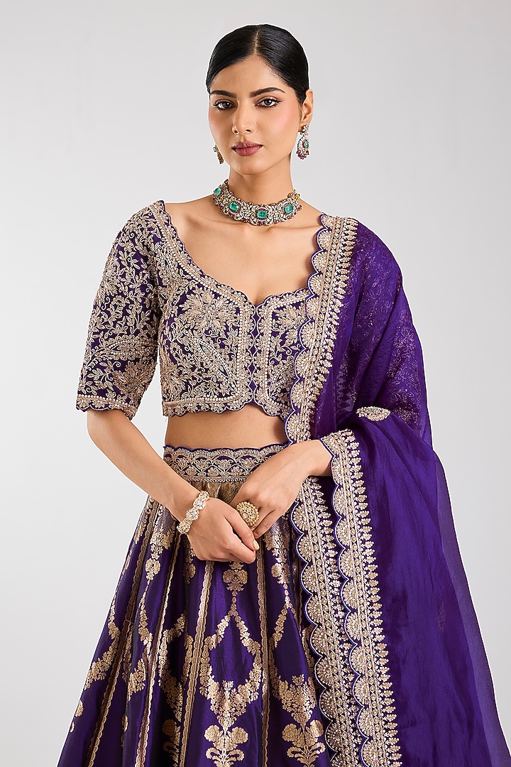 Purple Silk Zardosi Embroidered Handloom Brocade Bridal Lehenga Set by Vedant G at Pernia's Pop Up Shop