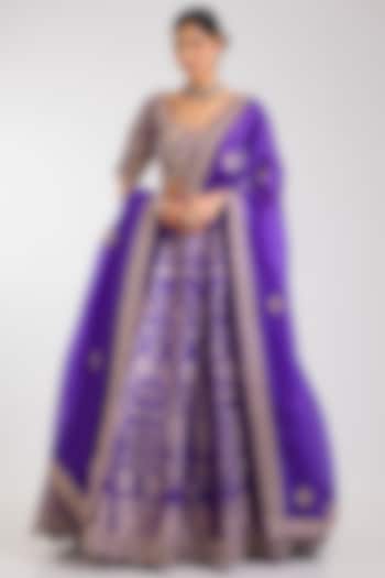 Purple Silk Zardosi Embroidered Handloom Brocade Bridal Lehenga Set by Vedant G at Pernia's Pop Up Shop