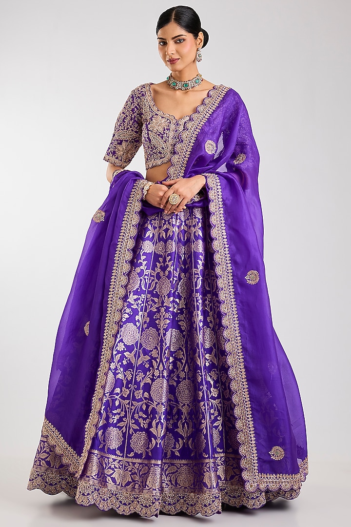 Purple Silk Zardosi Embroidered Handloom Brocade Bridal Lehenga Set by Vedant G at Pernia's Pop Up Shop
