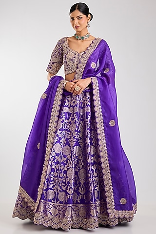 Purple Silk Zardosi Embroidered Handloom Brocade Lehenga Set by Vedant G
