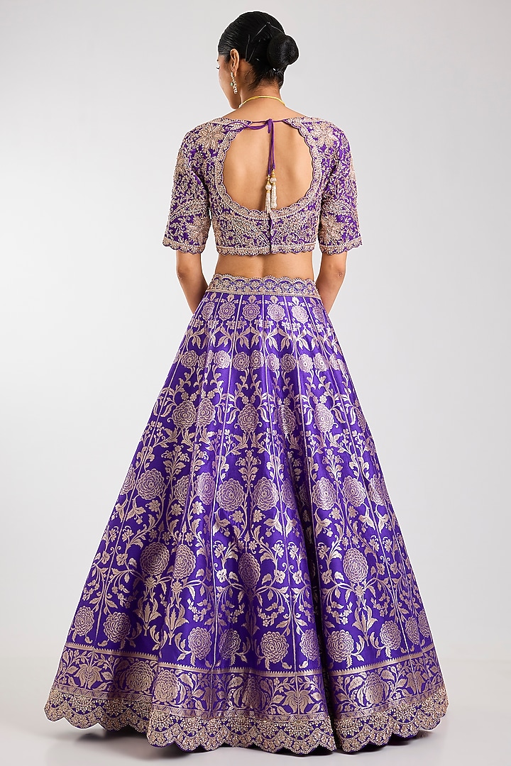 Purple Silk Zardosi Embroidered Handloom Brocade Bridal Lehenga Set by Vedant G at Pernia's Pop Up Shop