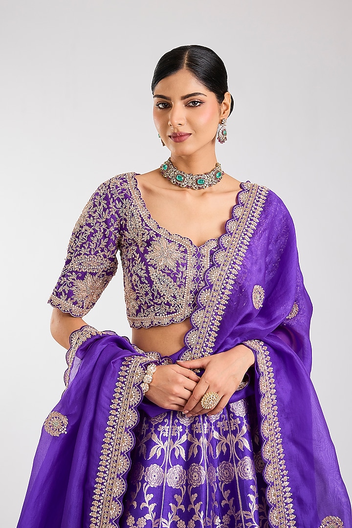 Purple Silk Zardosi Embroidered Handloom Brocade Bridal Lehenga Set by Vedant G at Pernia's Pop Up Shop