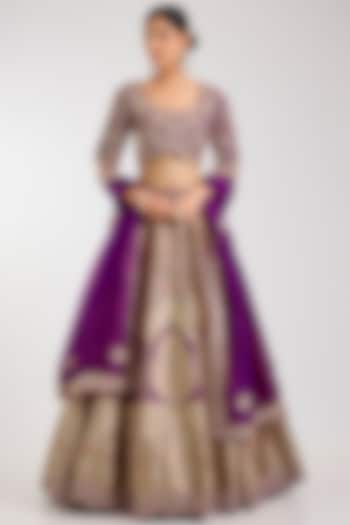 Wine Silk Zardosi Embroidered Handloom Brocade Bridal Lehenga Set by Vedant G at Pernia's Pop Up Shop